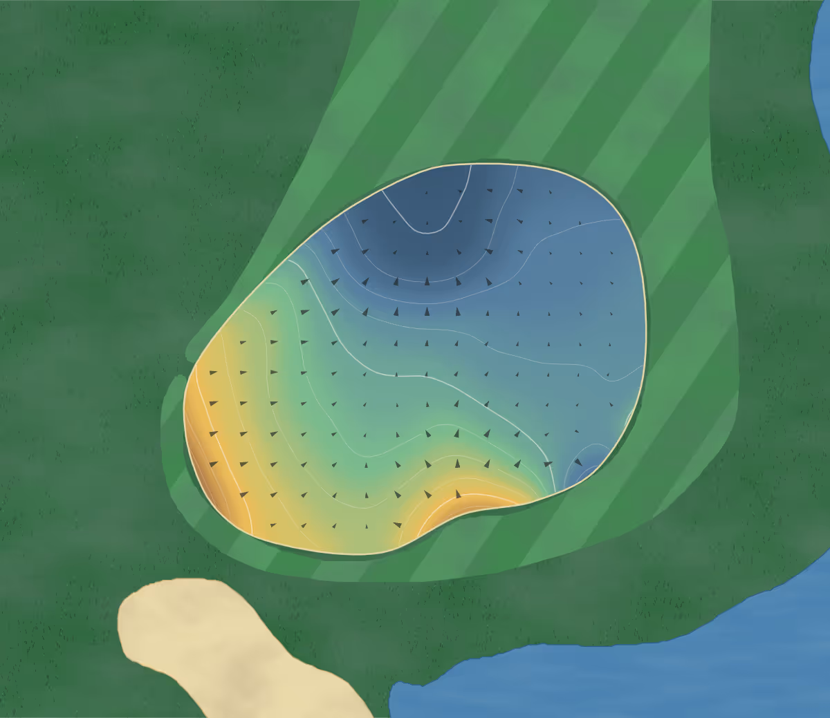Green contour map of Evergreen in Lethbridge, Canada: 50 elevation contours at a 8-centimeter interval with fall-line arrows, traced from 1-meter lidar