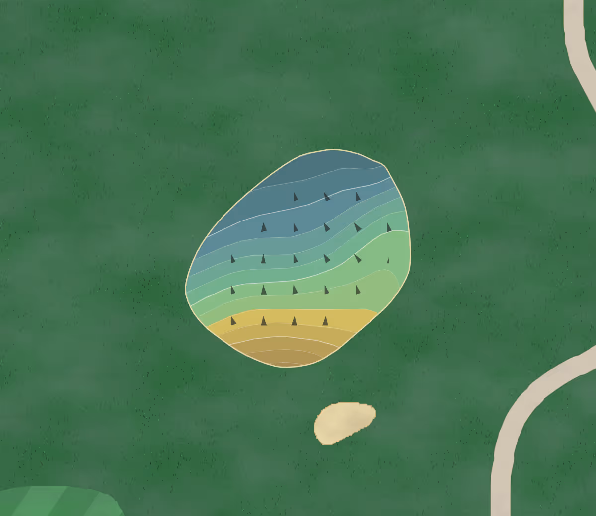 Green contour map of Evergreen Golf in Rangeley, Maine — 78 elevation contours at a 3-inch interval with fall-line arrows, traced from 1-meter lidar