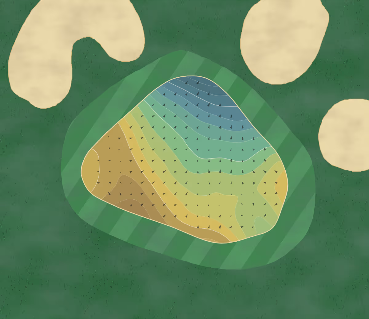 Green contour map of Evje Golfpark in Dilling, Norway — 186 elevation contours at a 8-centimeter interval with fall-line arrows, traced from 1-meter lidar