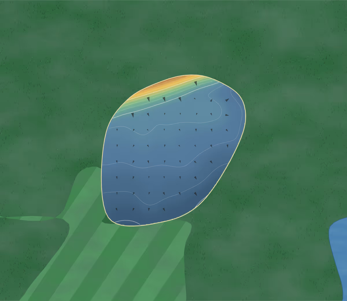 Green contour map of Exeter GC in Exeter, Canada: 77 elevation contours at a 8-centimeter interval with fall-line arrows, traced from 1-meter lidar
