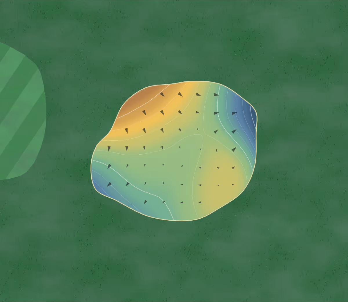 Green contour map of Fairfield Golf in Fairfield, Iowa — 72 elevation contours at a 3-inch interval with fall-line arrows, traced from 1-meter lidar
