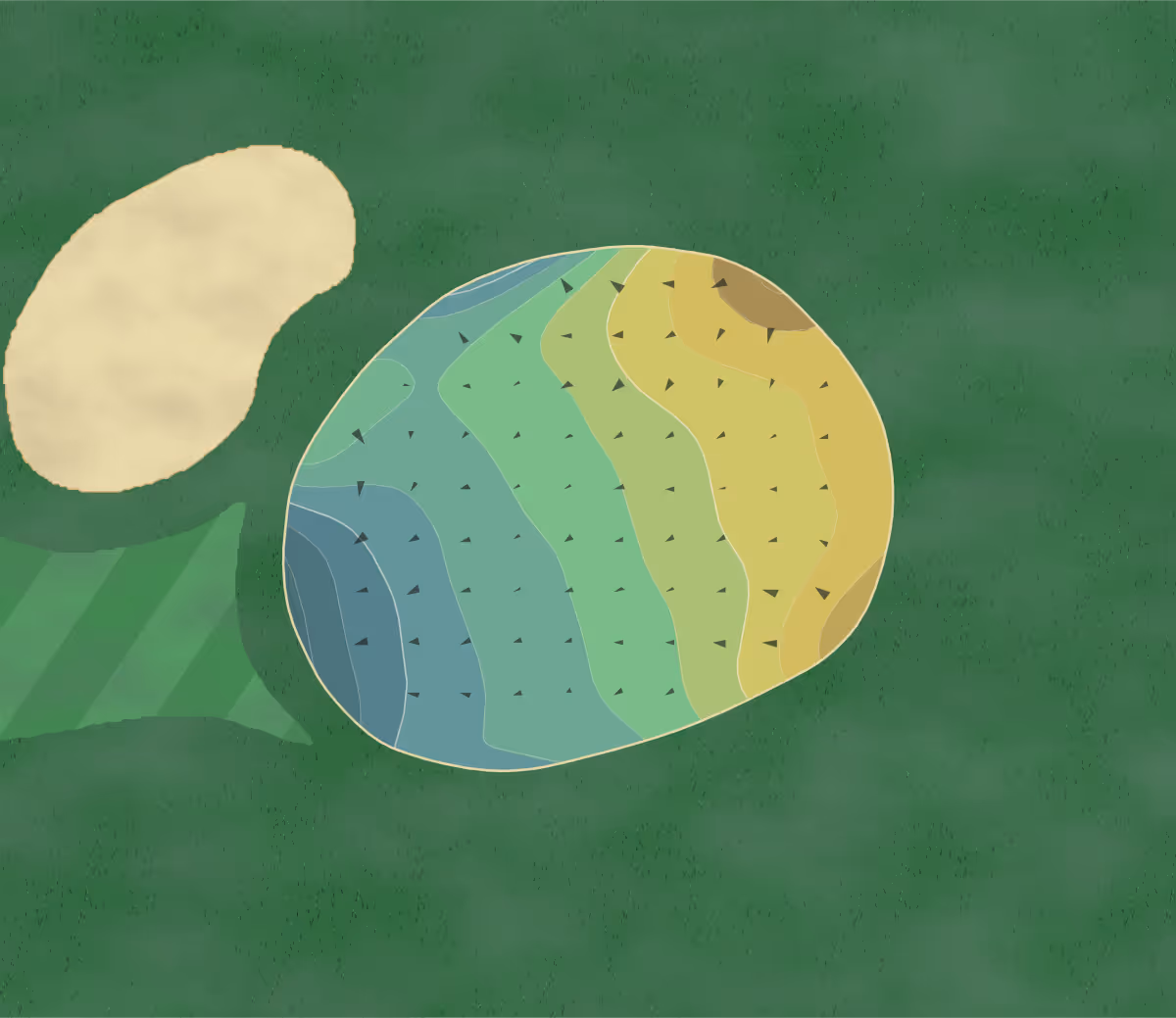 Green contour map of Fairlawn Golf in Poland, Maine — 160 elevation contours at a 3-inch interval with fall-line arrows, traced from 1-meter lidar