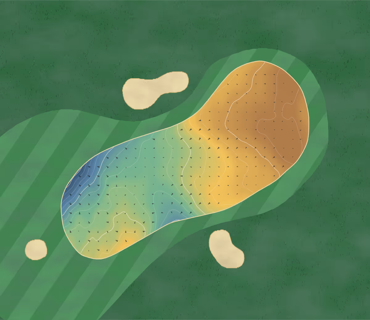 Green contour map of Fairmont St Andrews in St Andrews, United Kingdom — 153 elevation contours at a 8-centimeter interval with fall-line arrows, traced from 1-meter lidar
