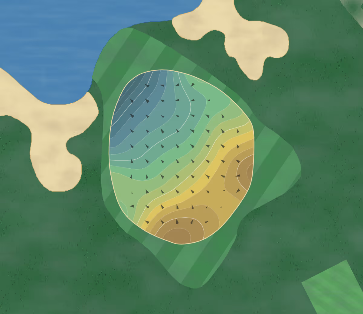 Green contour map of Fairmount CC in Chatham, New Jersey — 209 elevation contours at a 3-inch interval with fall-line arrows, traced from 1-meter lidar