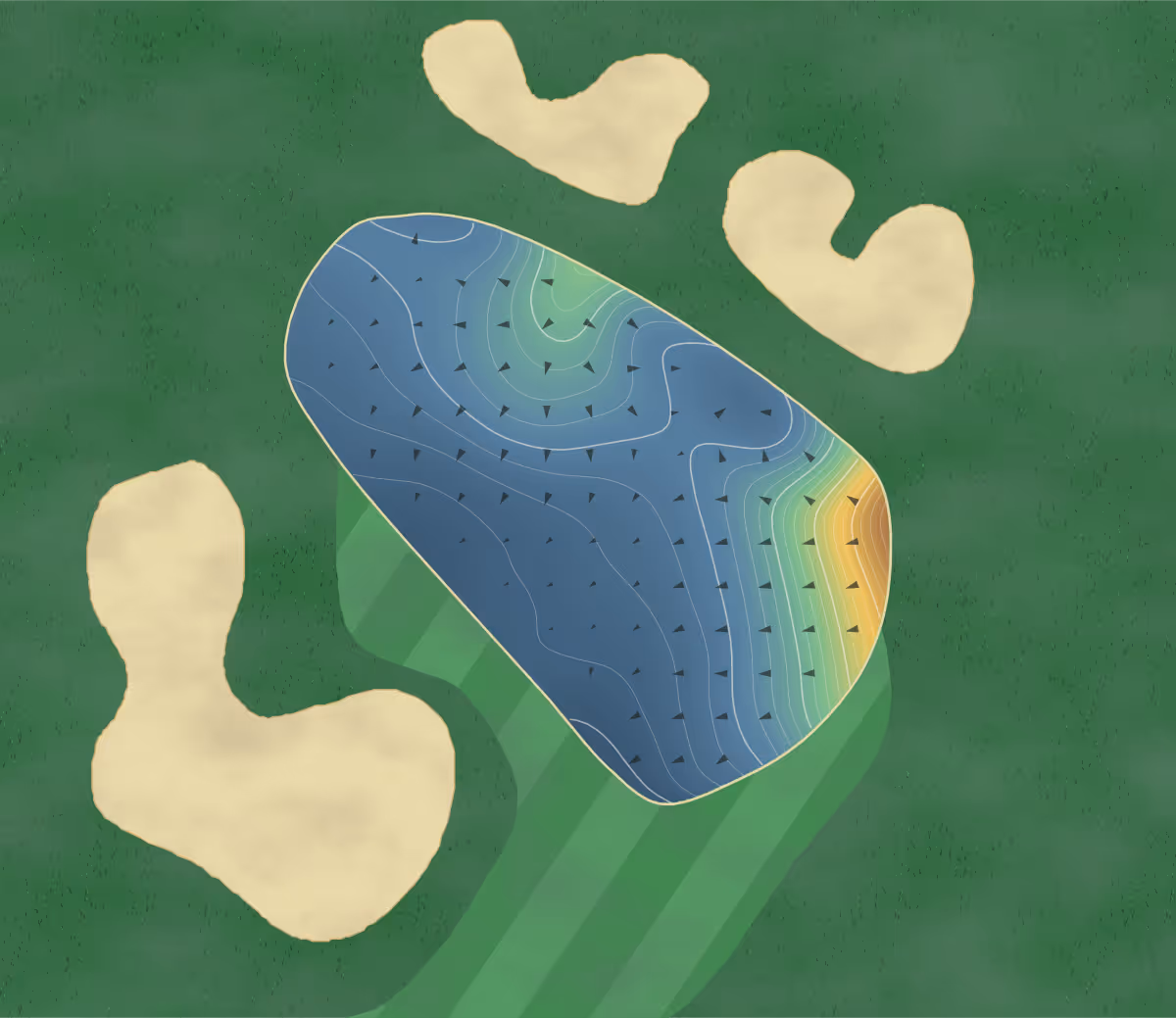 Green contour map of Fairtree in Aurora, Canada — 192 elevation contours at a 8-centimeter interval with fall-line arrows, traced from 1-meter lidar