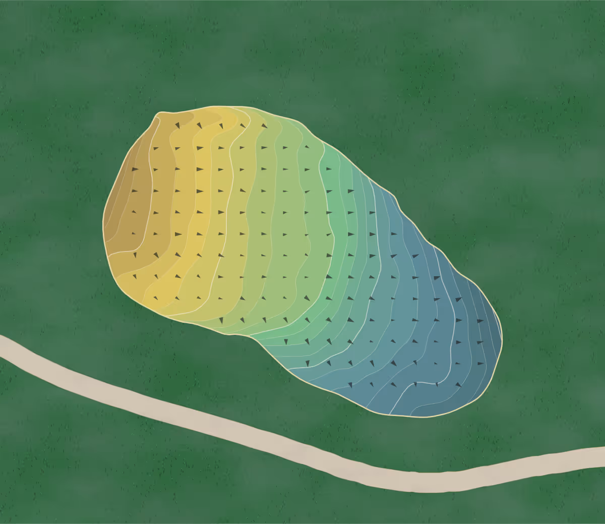 Green contour map of Fairway Mews in Spring Lake Heights, New Jersey — 42 elevation contours at a 3-inch interval with fall-line arrows, traced from 1-meter lidar