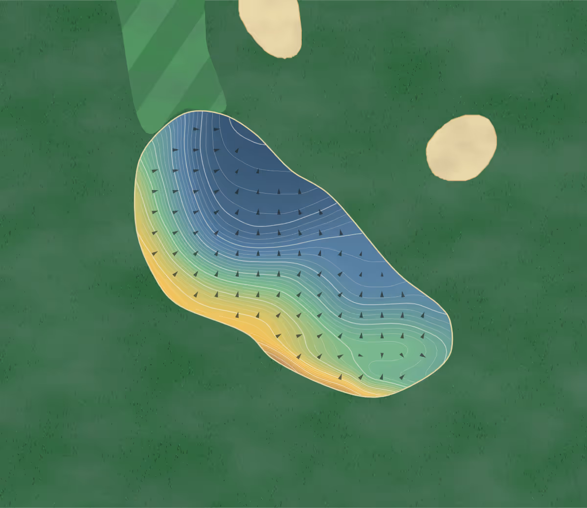 Green contour map of Fairwinds in Nanoose Bay, Canada: 369 elevation contours at a 8-centimeter interval with fall-line arrows, traced from 1-meter lidar
