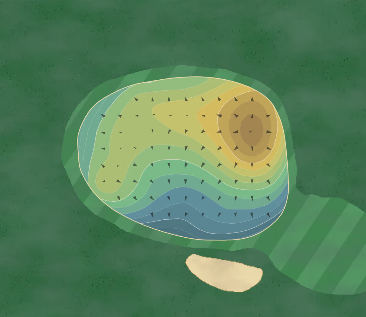 Green contour map of Falkirk Golf Course in Central Valley, New York — 57 elevation contours at a 3-inch interval with fall-line arrows, traced from 1-meter lidar