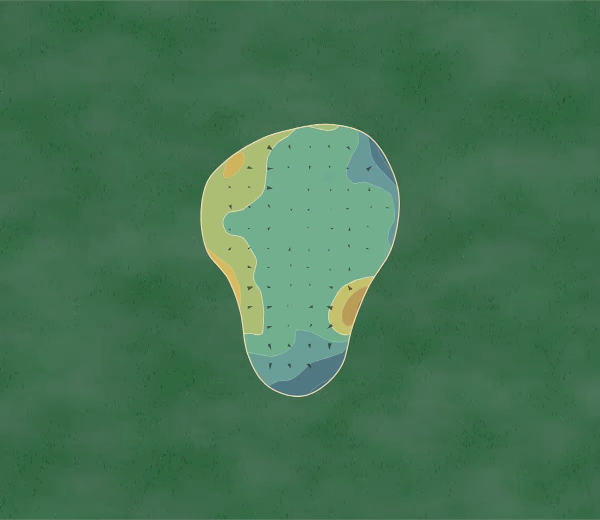 Green contour map of Falkland in Falkland, Scotland — 53 elevation contours at a 8-centimeter interval with fall-line arrows, traced from 1-meter lidar