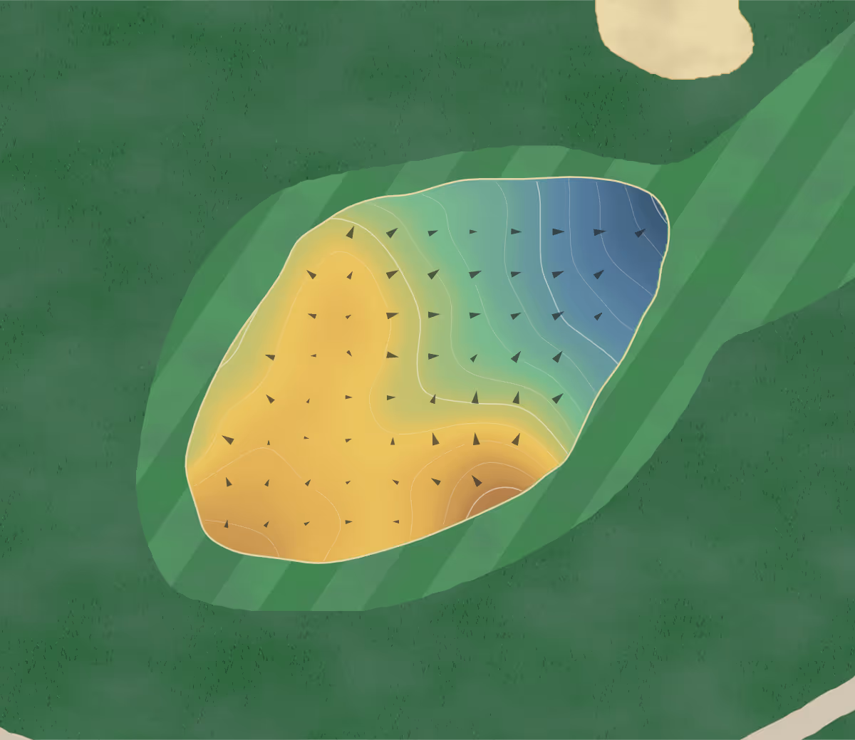 Green contour map of Falls Village in Durham, North Carolina: 160 elevation contours at a 3-inch interval with fall-line arrows, traced from 1-meter lidar
