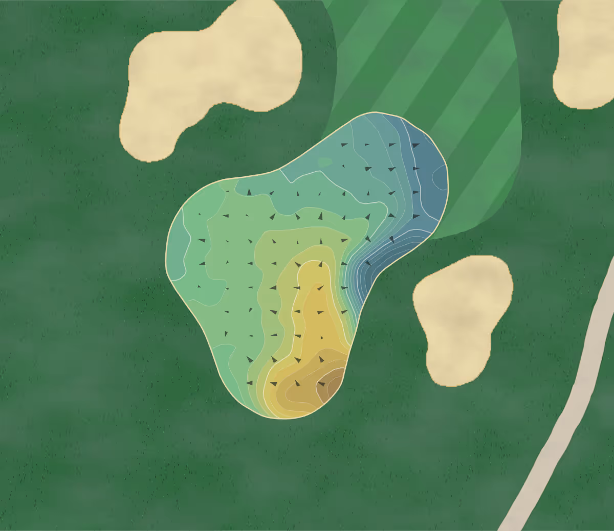 Green contour map of Farm Neck in Oak Bluffs, Massachusetts — 387 elevation contours at a 3-inch interval with fall-line arrows, traced from 1-meter lidar