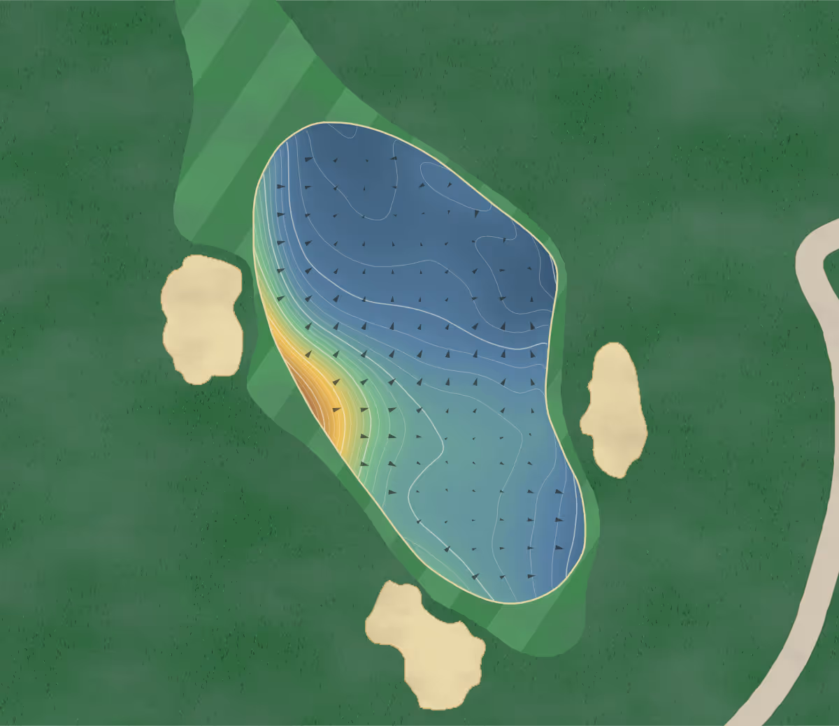 Green contour map of FarmLinks Golf Course in Sylacauga, Alabama — 242 elevation contours at a 3-inch interval with fall-line arrows, traced from 1-meter lidar
