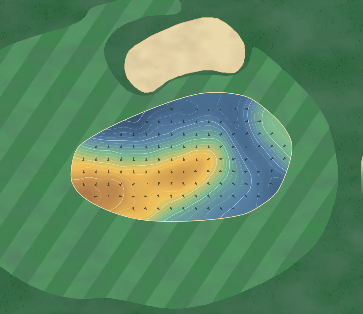 Green contour map of Farrington Park in Farrington Gurney, England: 238 elevation contours at a 8-centimeter interval with fall-line arrows, traced from 1-meter lidar