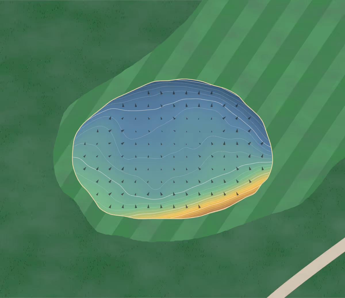 Green contour map of Farthingstone in Towcester, United Kingdom — 264 elevation contours at a 8-centimeter interval with fall-line arrows, traced from 1-meter lidar