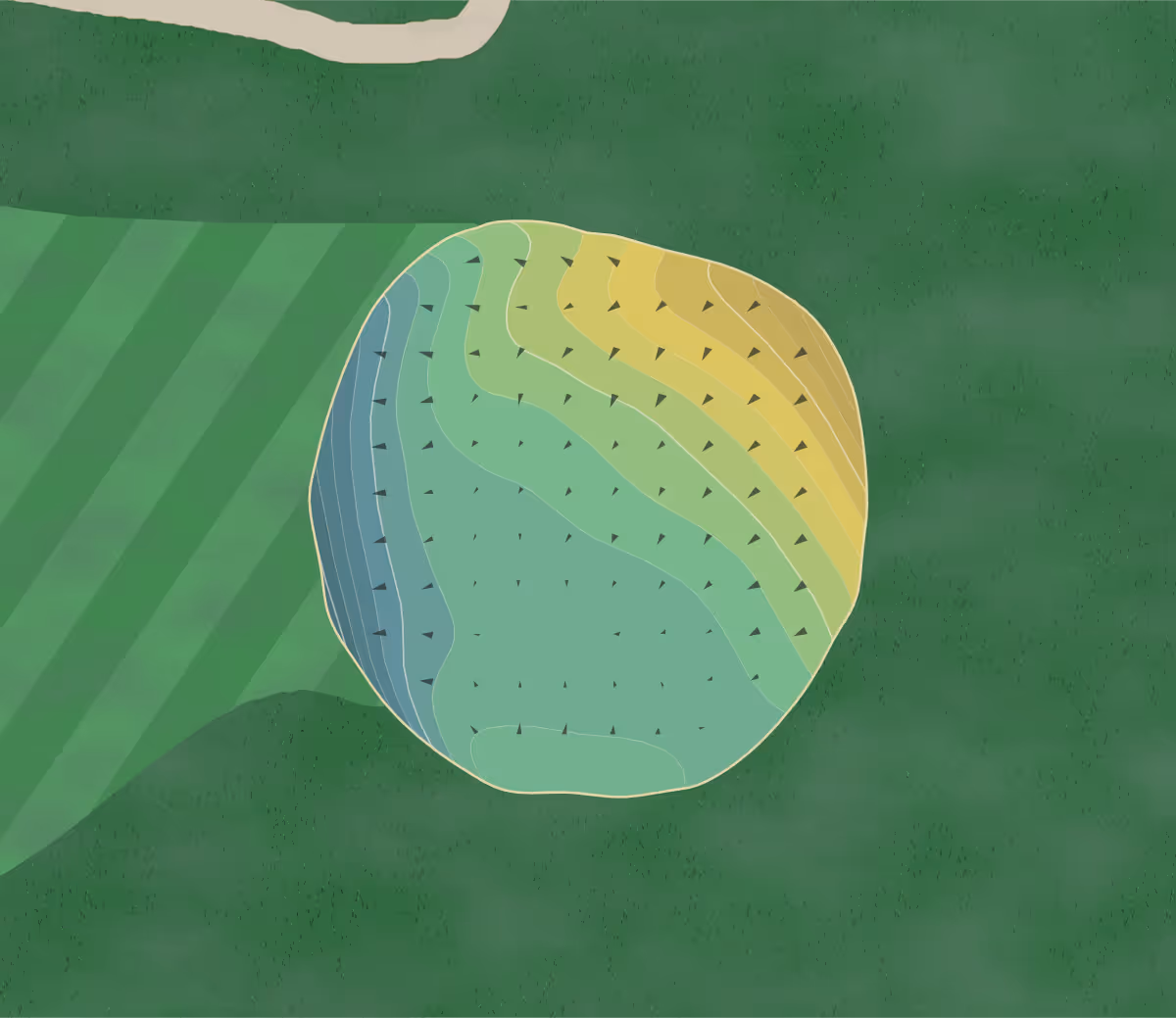 Green contour map of Fawn Creek in Anamosa, Iowa — 99 elevation contours at a 3-inch interval with fall-line arrows, traced from 1-meter lidar