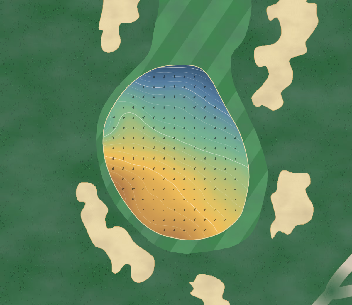 Green contour map of Feddinch Mains in St. Andrews, Scotland: 91 elevation contours at a 8-centimeter interval with fall-line arrows, traced from 1-meter lidar