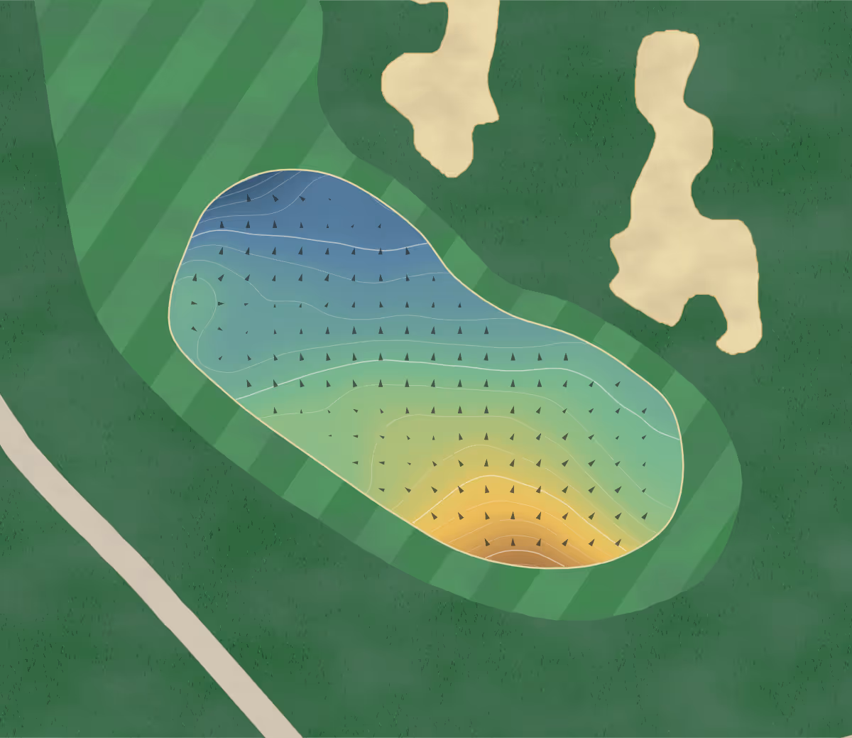 Green contour map of Feddinch Mains in St. Andrews, United Kingdom — 97 elevation contours at a 8-centimeter interval with fall-line arrows, traced from 1-meter lidar
