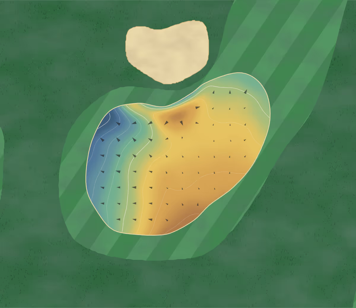 Green contour map of Feilding in Feilding, New Zealand — 116 elevation contours at a 8-centimeter interval with fall-line arrows, traced from 1-meter lidar