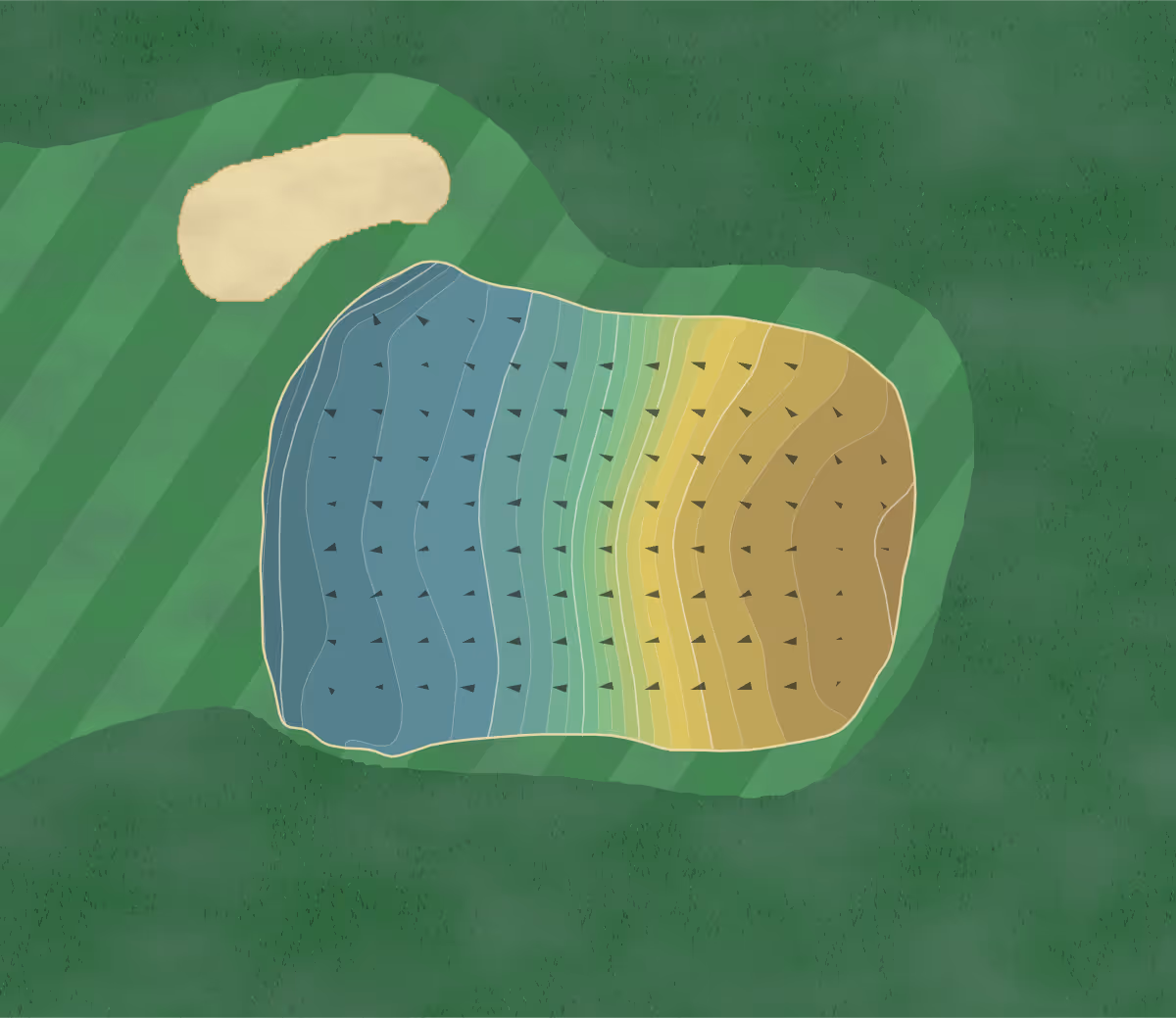 Green contour map of Feldon Valley in Oxfordshire, England — 186 elevation contours at a 8-centimeter interval with fall-line arrows, traced from 1-meter lidar