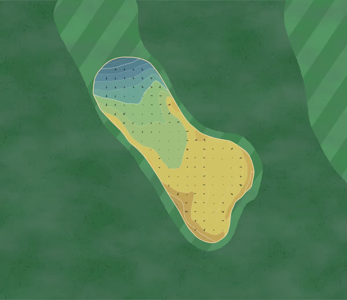 Green contour map of Fereneze in Glasgow, England — 231 elevation contours at a 8-centimeter interval with fall-line arrows, traced from 1-meter lidar