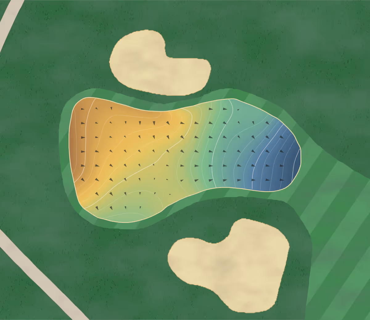Green contour map of Ferncroft Country Club in Middleton, Massachusetts — 198 elevation contours at a 3-inch interval with fall-line arrows, traced from 1-meter lidar