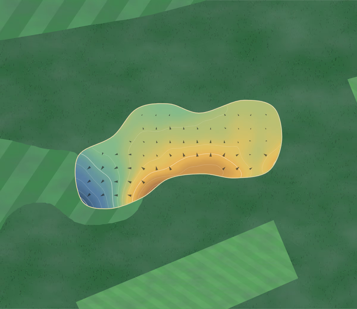 Green contour map of Ferndown Forest in Ferndown, England: 78 elevation contours at a 8-centimeter interval with fall-line arrows, traced from 1-meter lidar