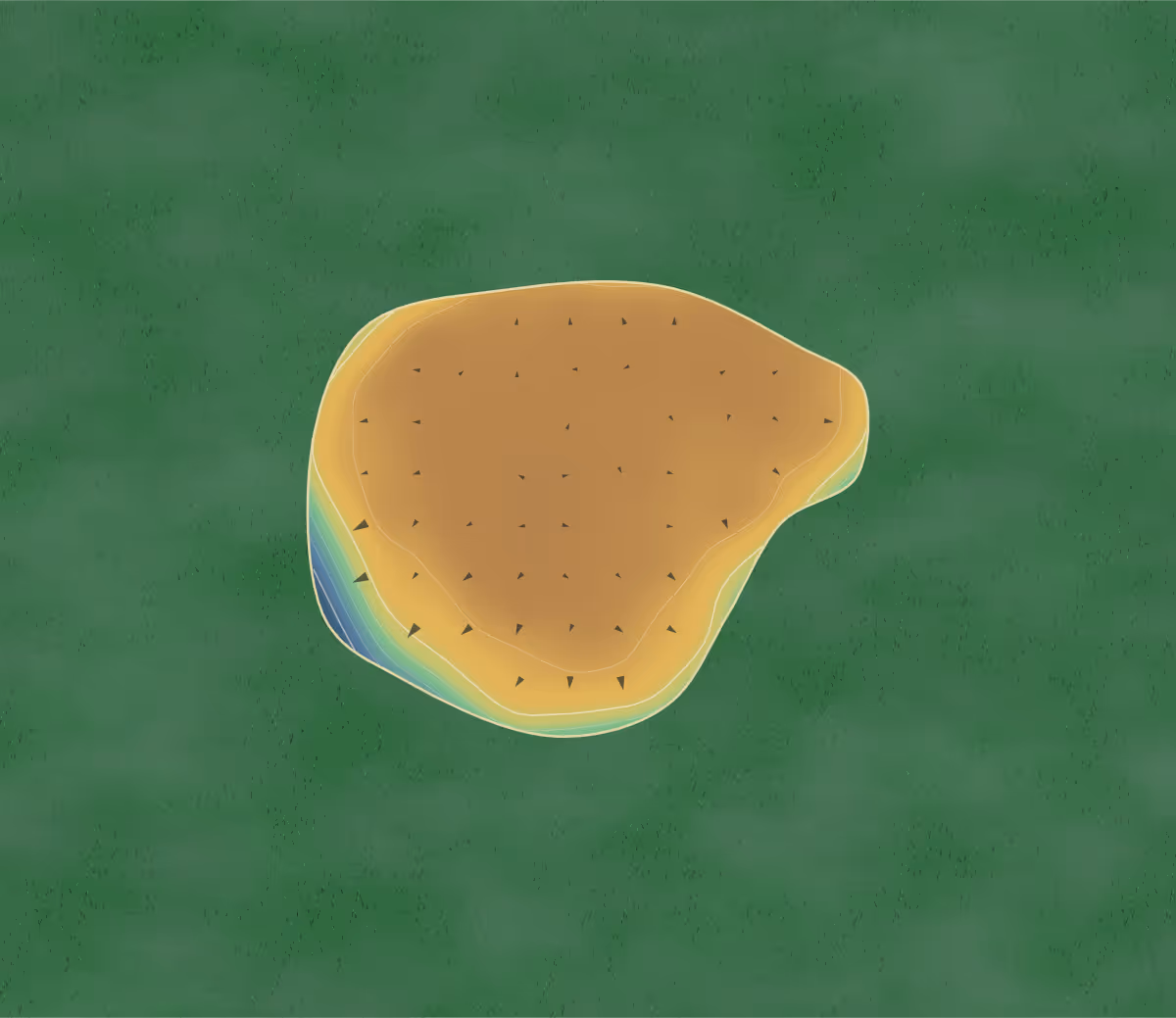 Green contour map of Ferndown Forest in Ferndown, England — 82 elevation contours at a 8-centimeter interval with fall-line arrows, traced from 1-meter lidar