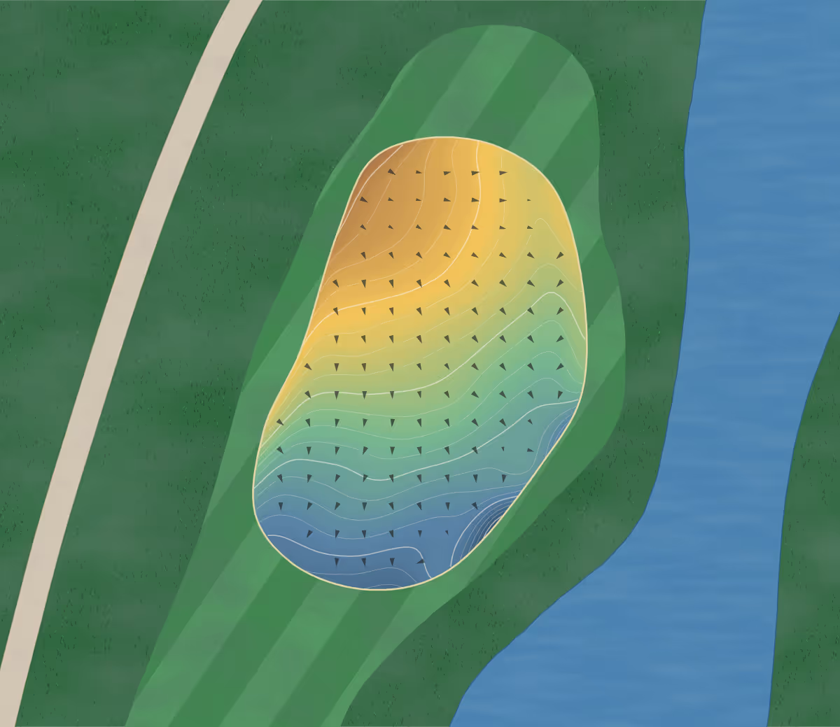 Green contour map of Fescue's Edge in Scotland, Scotland — 121 elevation contours at a 8-centimeter interval with fall-line arrows, traced from 1-meter lidar