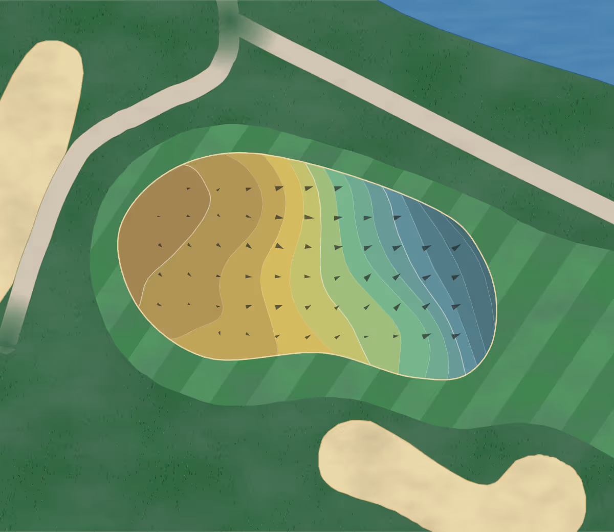 Green contour map of Fiddlesticks in Fort Myers, Florida — 34 elevation contours at a 3-inch interval with fall-line arrows, traced from 1-meter lidar