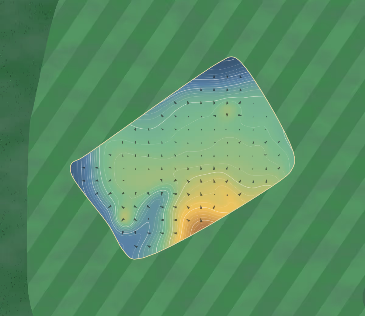 Green contour map of Fields Ranch in Frisco, Texas: 351 elevation contours at a 3-inch interval with fall-line arrows, traced from 1-meter lidar