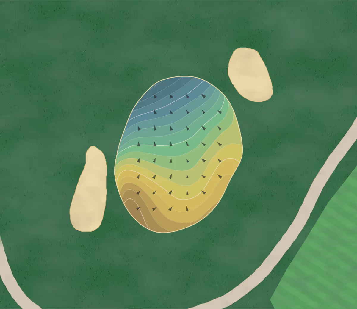 Green contour map of The Fields in Ithaca, Michigan — 74 elevation contours at a 3-inch interval with fall-line arrows, traced from 1-meter lidar