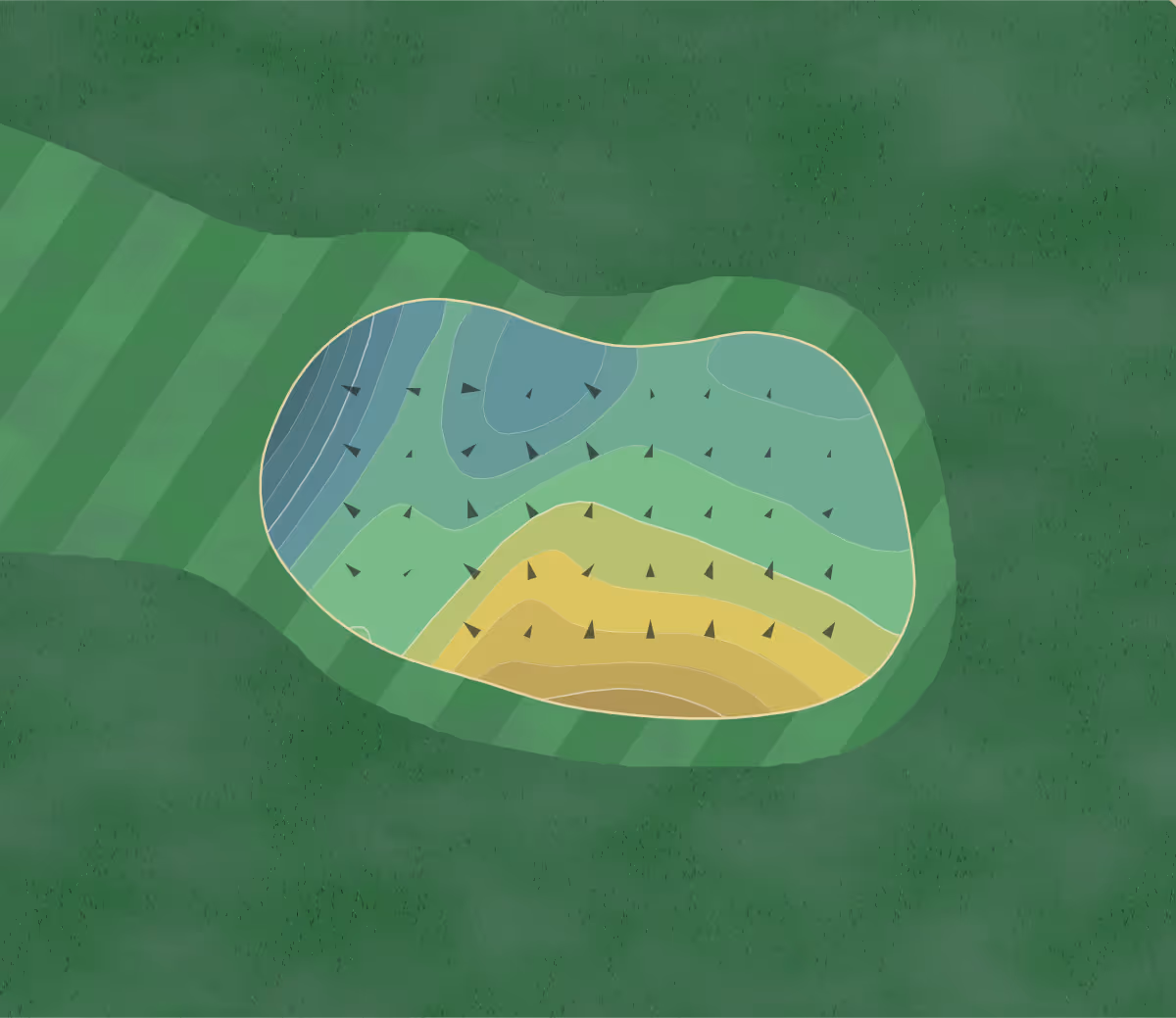 Green contour map of Fig Garden in Fresno, California — 140 elevation contours at a 3-inch interval with fall-line arrows, traced from 1-meter lidar