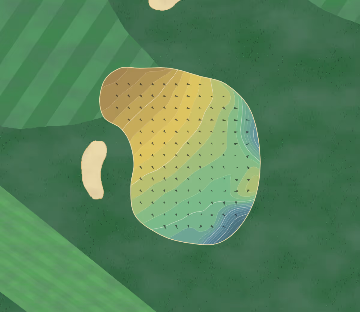 Green contour map of Finchley GC in London, England — 254 elevation contours at a 8-centimeter interval with fall-line arrows, traced from 1-meter lidar