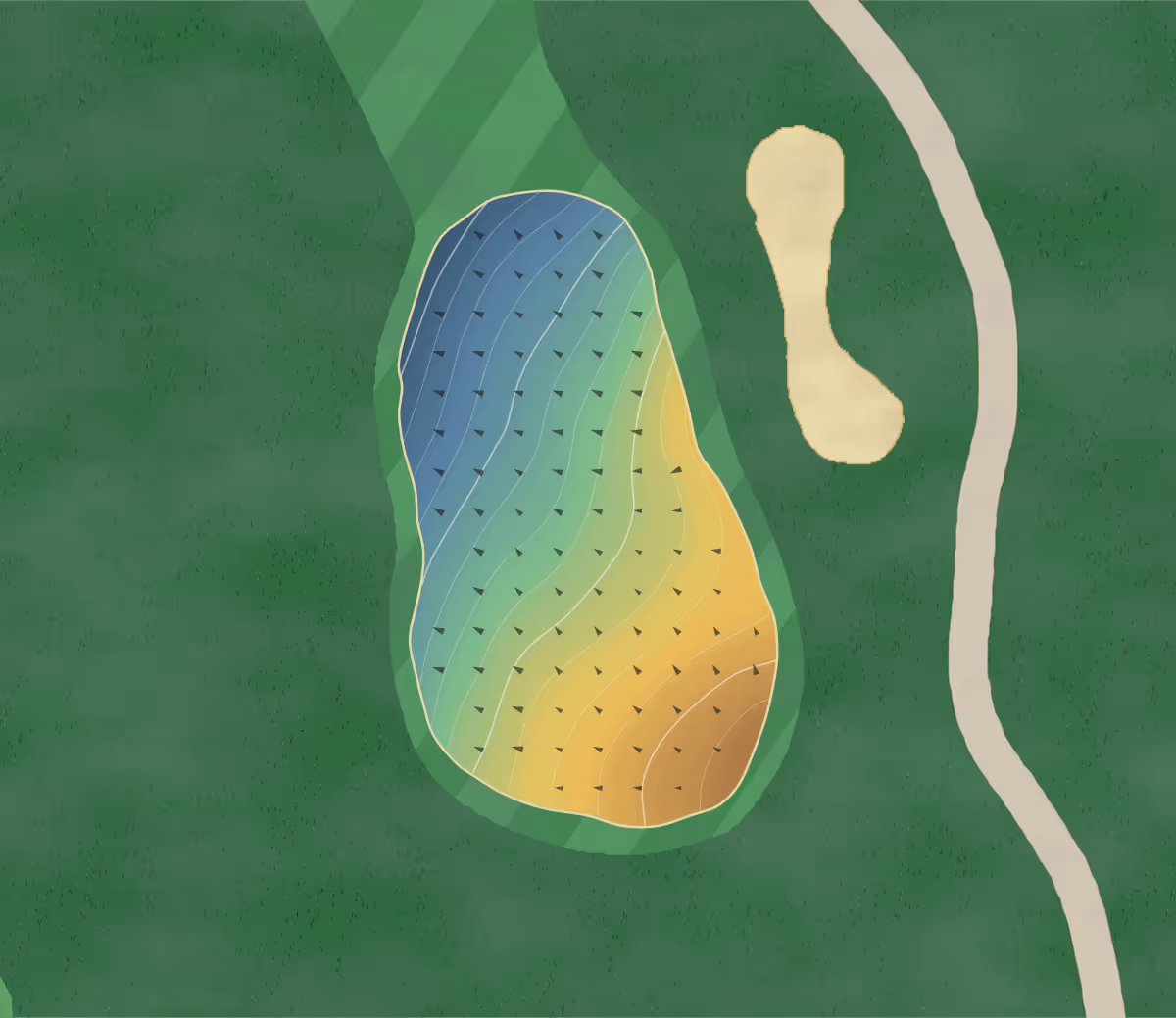 Green contour map of Finkbine Gc in Iowa City, Iowa — 227 elevation contours at a 3-inch interval with fall-line arrows, traced from 1-meter lidar