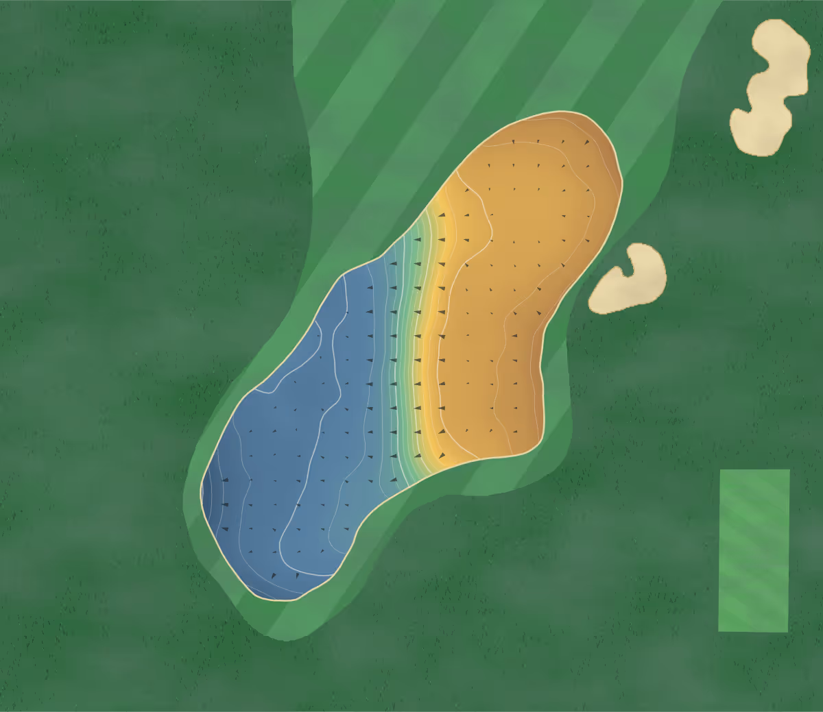 Green contour map of Finley in Chapel Hill, North Carolina — 188 elevation contours at a 3-inch interval with fall-line arrows, traced from 1-meter lidar