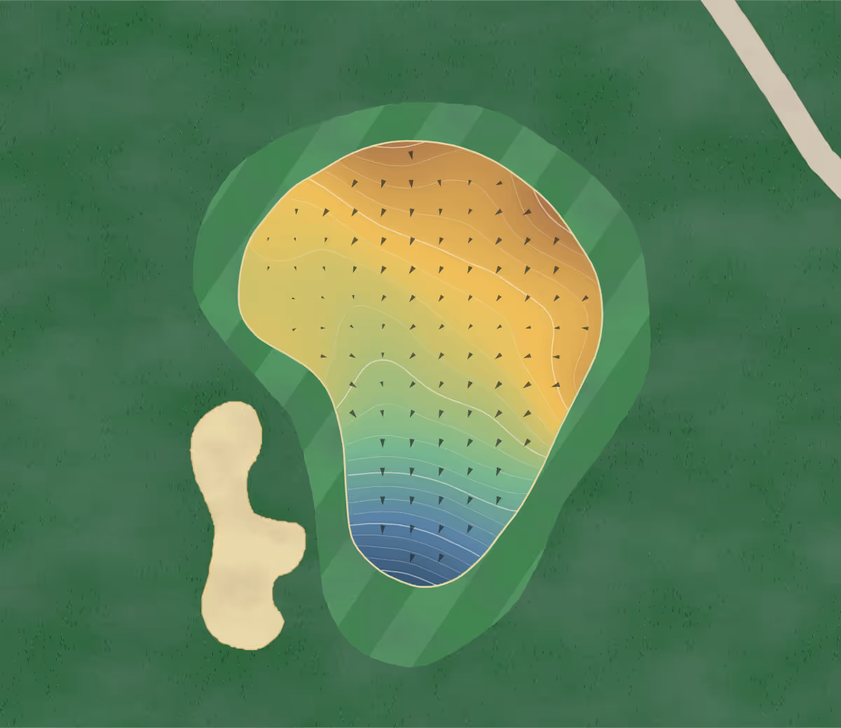 Green contour map of FireRock in Komoka, Canada — 205 elevation contours at a 8-centimeter interval with fall-line arrows, traced from 1-meter lidar