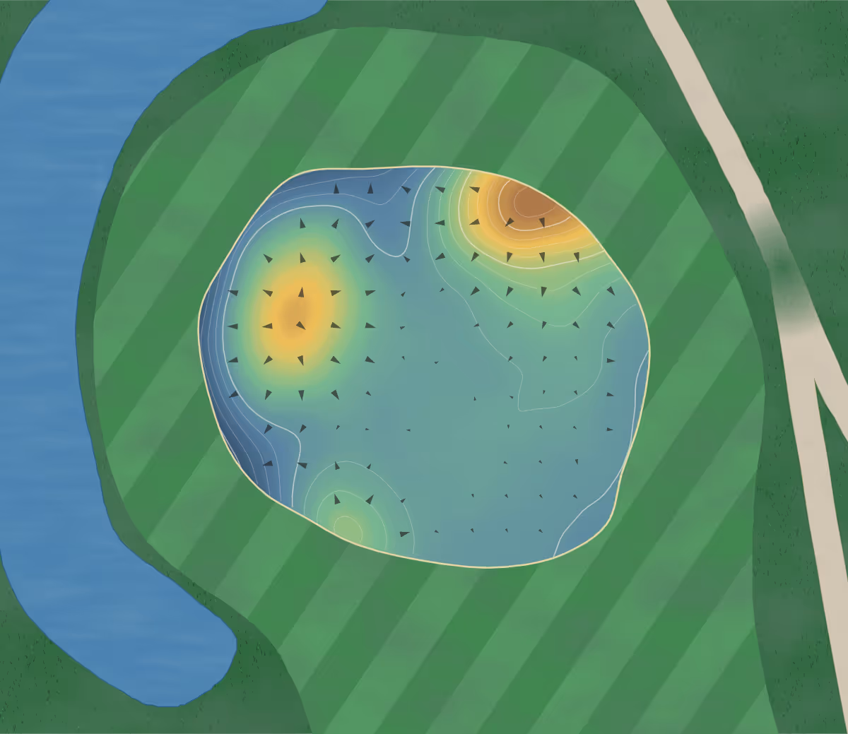 Green contour map of Fish Lake CC in Plankinton, South Dakota: 101 elevation contours at a 3-inch interval with fall-line arrows, traced from 1-meter lidar
