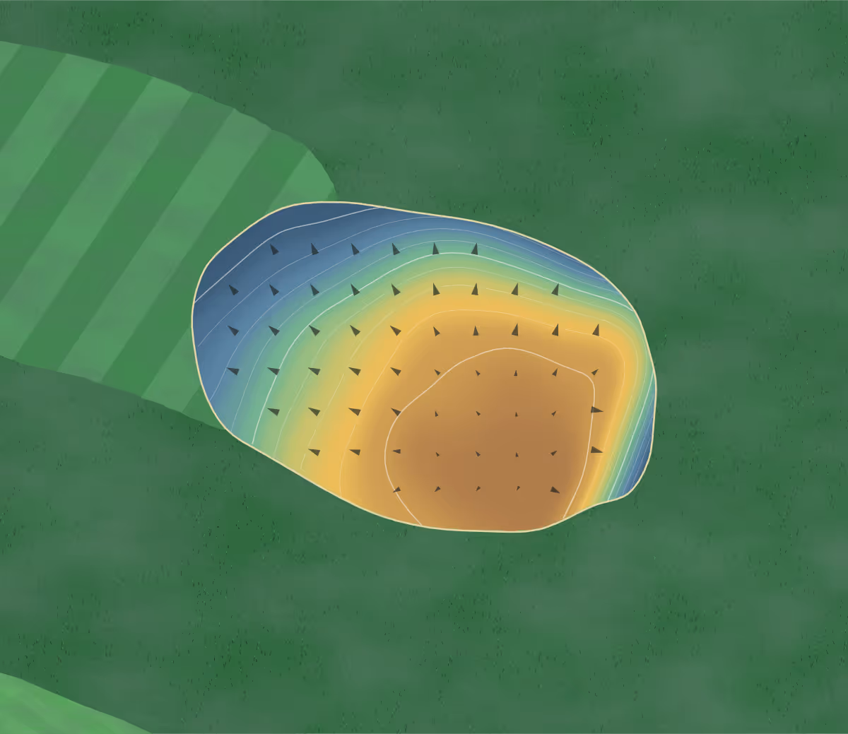 Green contour map of Five Island in Emmetsburg, Iowa — 83 elevation contours at a 3-inch interval with fall-line arrows, traced from 1-meter lidar