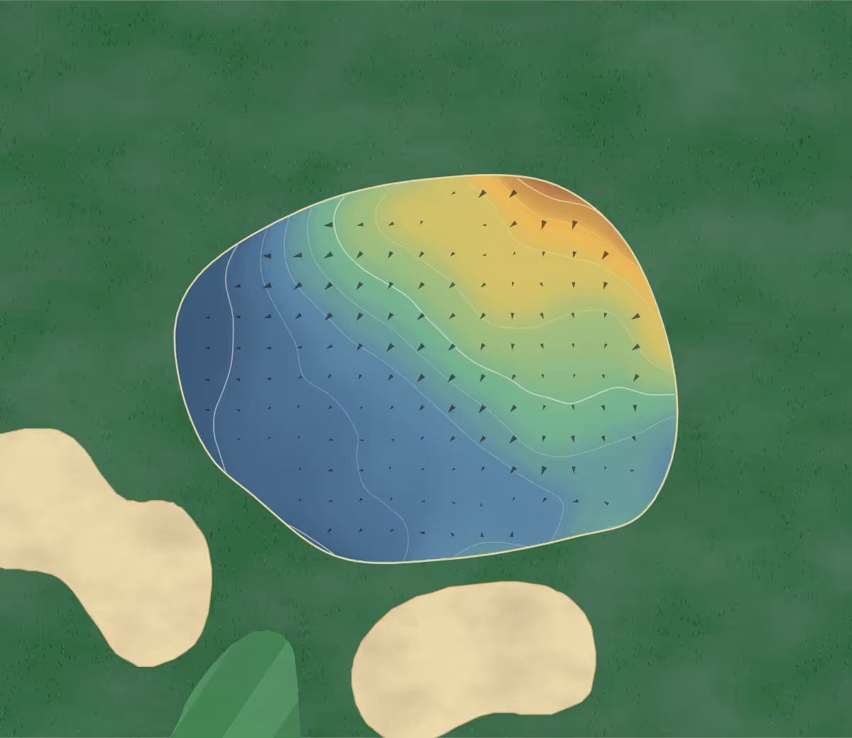 Green contour map of Five Lakes in Maldon, England: 9 elevation contours at a 8-centimeter interval with fall-line arrows, traced from 1-meter lidar