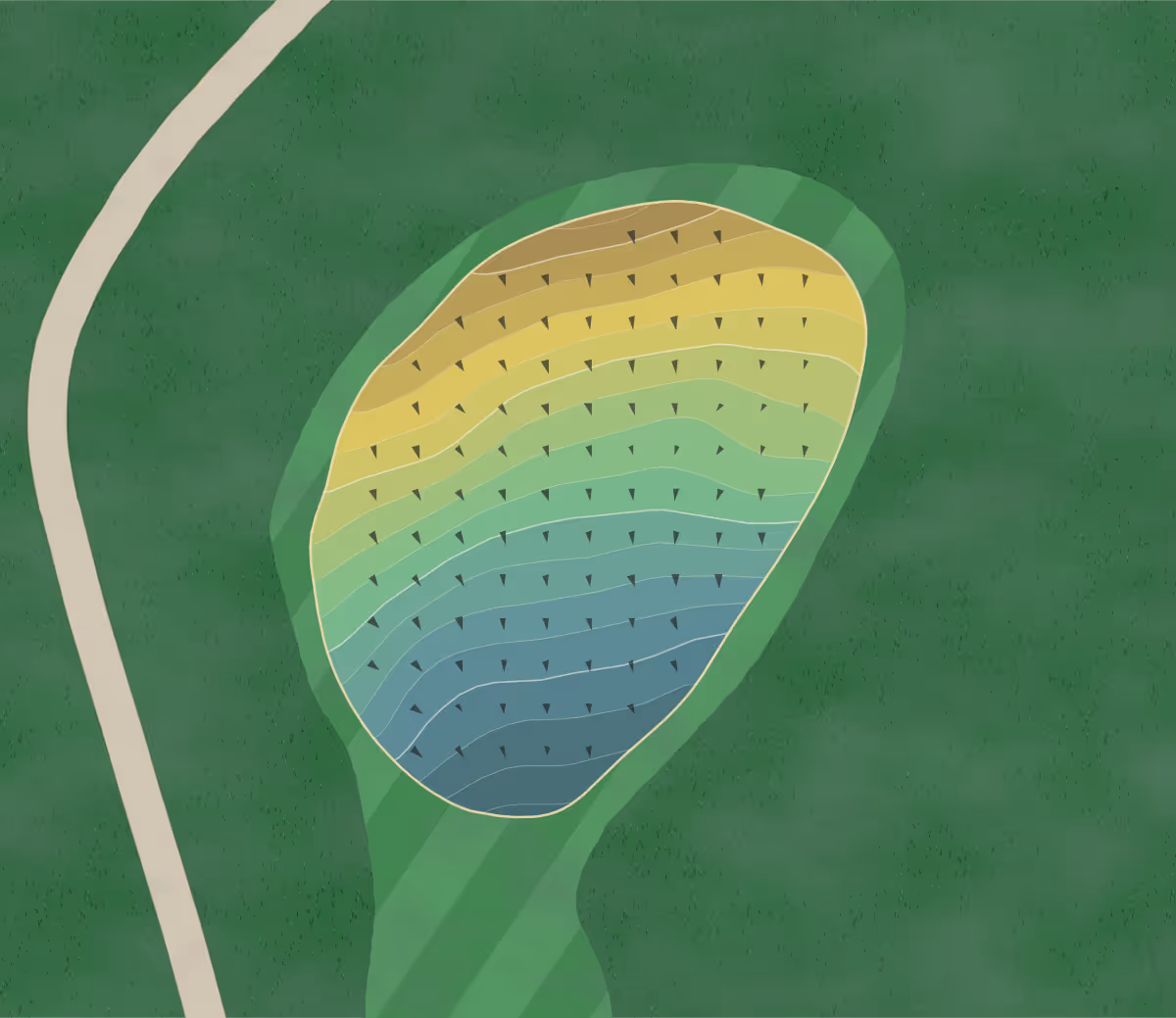 Green contour map of Five Ponds in Warminster, Pennsylvania — 198 elevation contours at a 3-inch interval with fall-line arrows, traced from 1-meter lidar