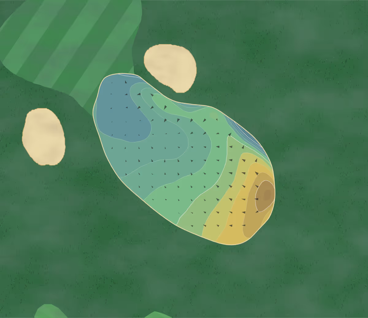 Green contour map of Flackwell Heath in Bucks, England — 175 elevation contours at a 8-centimeter interval with fall-line arrows, traced from 1-meter lidar