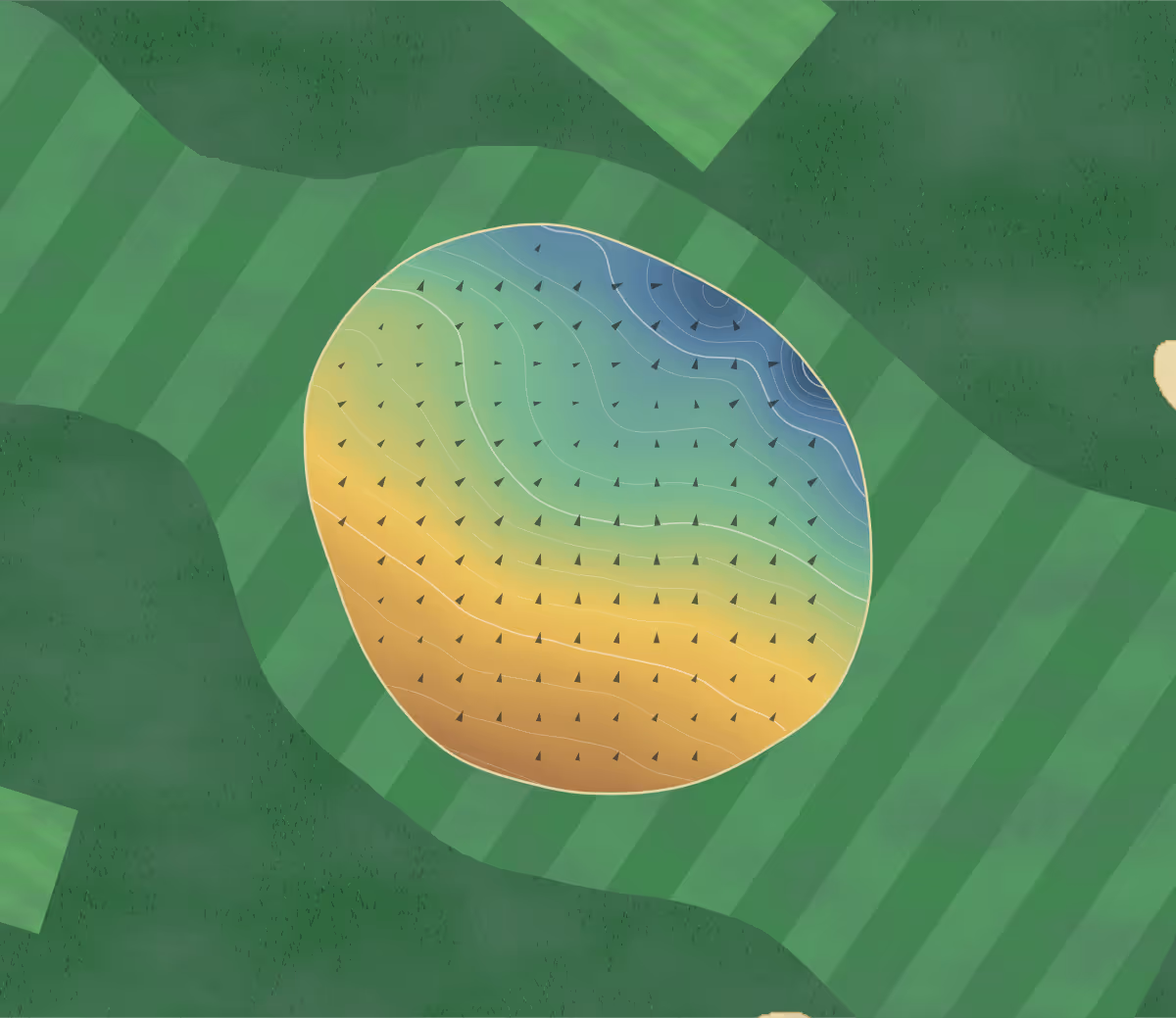 Green contour map of Flempton in Bury St Edmunds, England: 91 elevation contours at a 8-centimeter interval with fall-line arrows, traced from 1-meter lidar