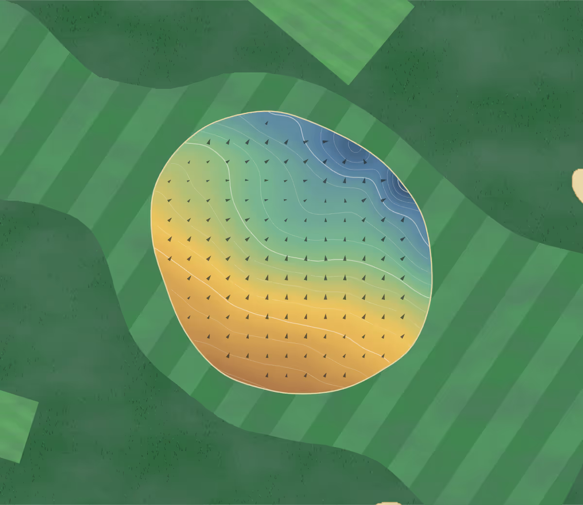 Green contour map of Flempton in Bury St Edmunds, England — 97 elevation contours at a 8-centimeter interval with fall-line arrows, traced from 1-meter lidar