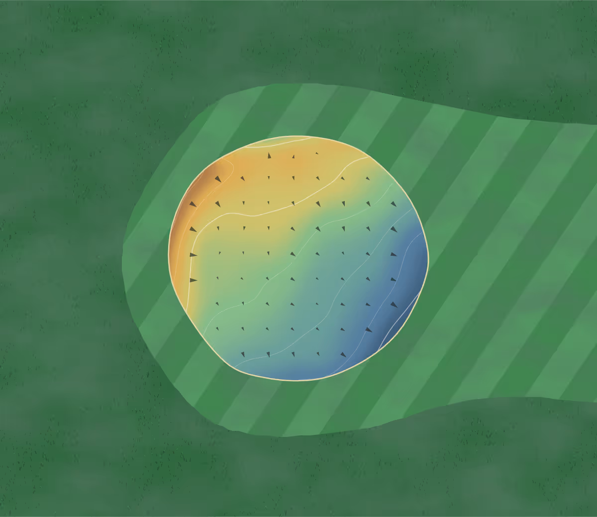 Green contour map of Folke in Sherborne, England: 38 elevation contours at a 8-centimeter interval with fall-line arrows, traced from 1-meter lidar
