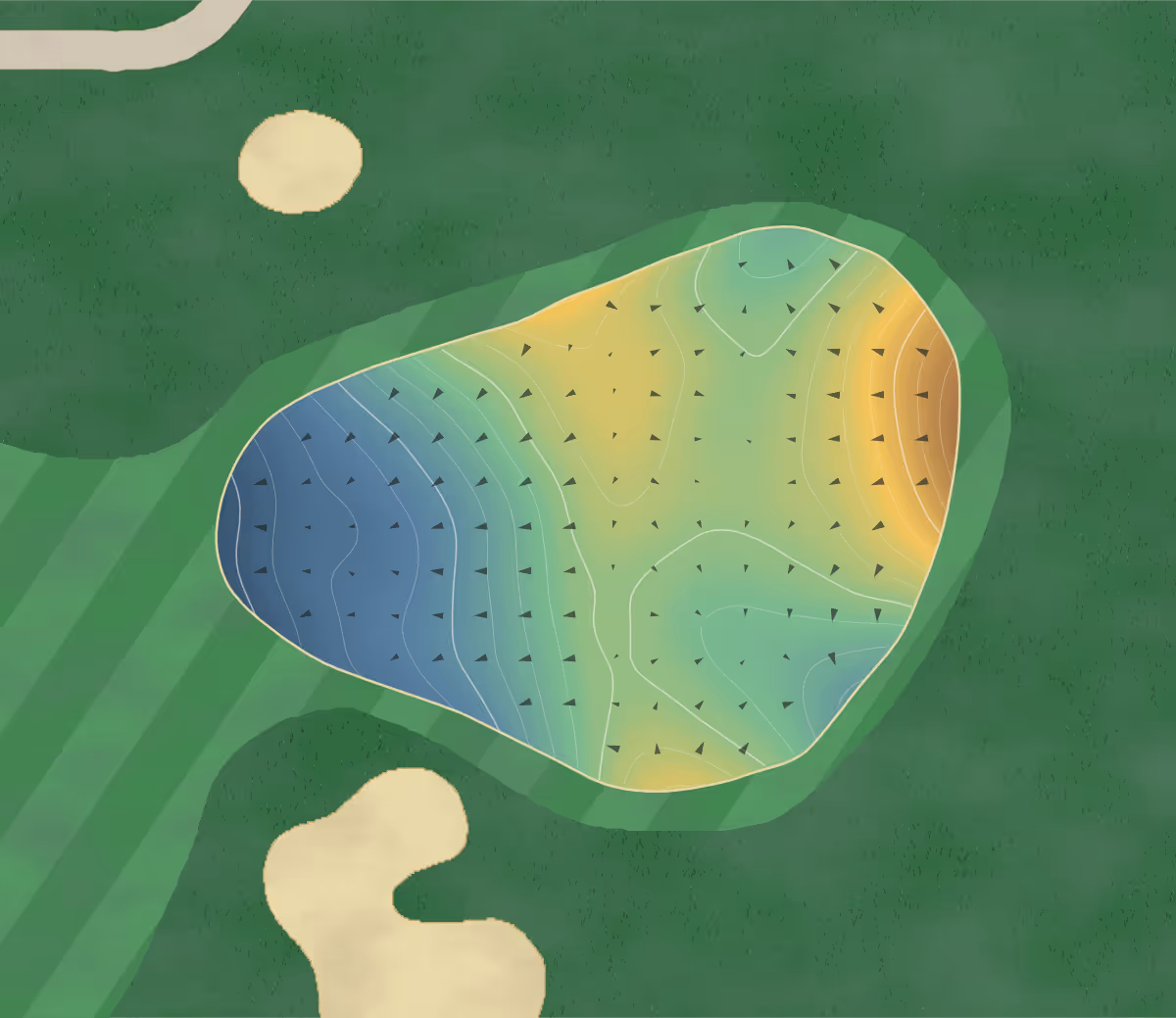 Green contour map of Forest City National in London, Canada — 179 elevation contours at a 8-centimeter interval with fall-line arrows, traced from 1-meter lidar