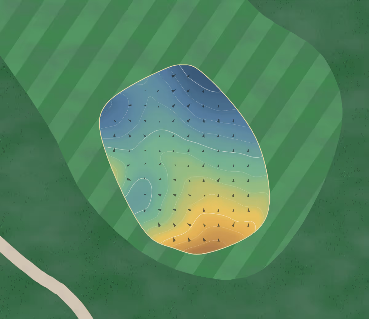 Green contour map of Forest Creek in Pinehurst, North Carolina — 87 elevation contours at a 3-inch interval with fall-line arrows, traced from 1-meter lidar