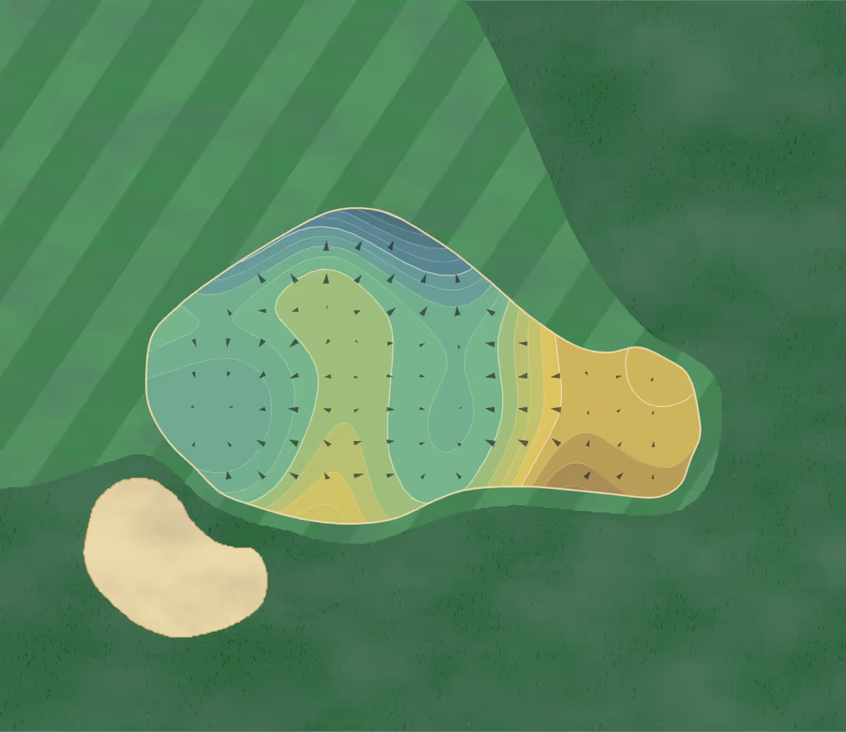 Green contour map of Forest Highlands in Flagstaff, Arizona — 179 elevation contours at a 3-inch interval with fall-line arrows, traced from 1-meter lidar