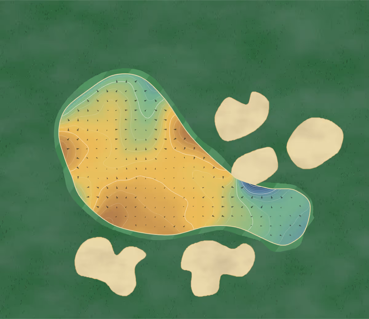 Green contour map of Forest of Arden in Meriden, England: 202 elevation contours at a 8-centimeter interval with fall-line arrows, traced from 1-meter lidar