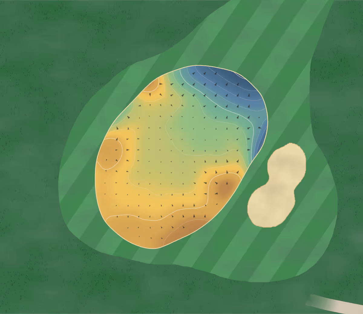 Green contour map of Formby in Liverpool, England: 108 elevation contours at a 8-centimeter interval with fall-line arrows, traced from 1-meter lidar