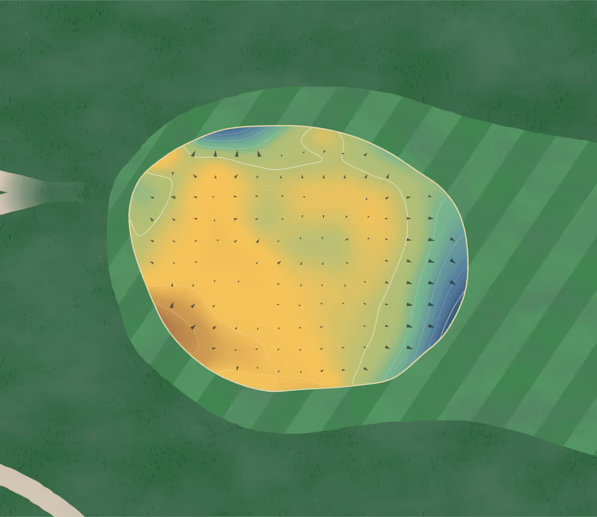 Green contour map of Formby Ladies in Liverpool, Merseyside, England — 106 elevation contours at a 8-centimeter interval with fall-line arrows, traced from 1-meter lidar
